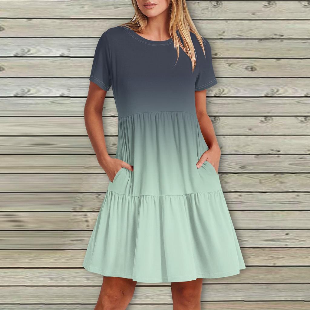 Женское повседневное модное платье-миди с круглым вырезом и коротким рукавом с принтом и карманом