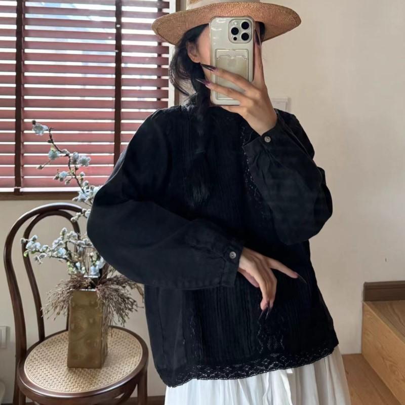 Johnature Кружевная рубашка Льняная черная рубашка с длинным рукавом Женская круглая горловина Повседневные простые блузки