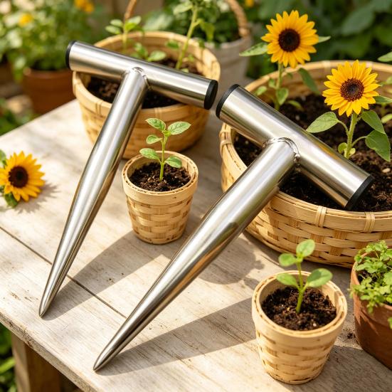 Stainless Steel Hand Dibber Plant Hole Digger Garden Planting Tool with T-Handle Soil Digging Tool for Planting Bulbs Tulips Daffodils Vegetable
