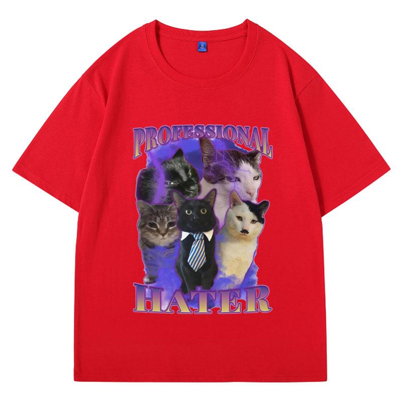Professional Hater Funny Cat Meme T-shirt Men Vintage Trendy Cat Lover T-shirts Hip Hop Loose Cozy Cotton Tees Male Streetwear
