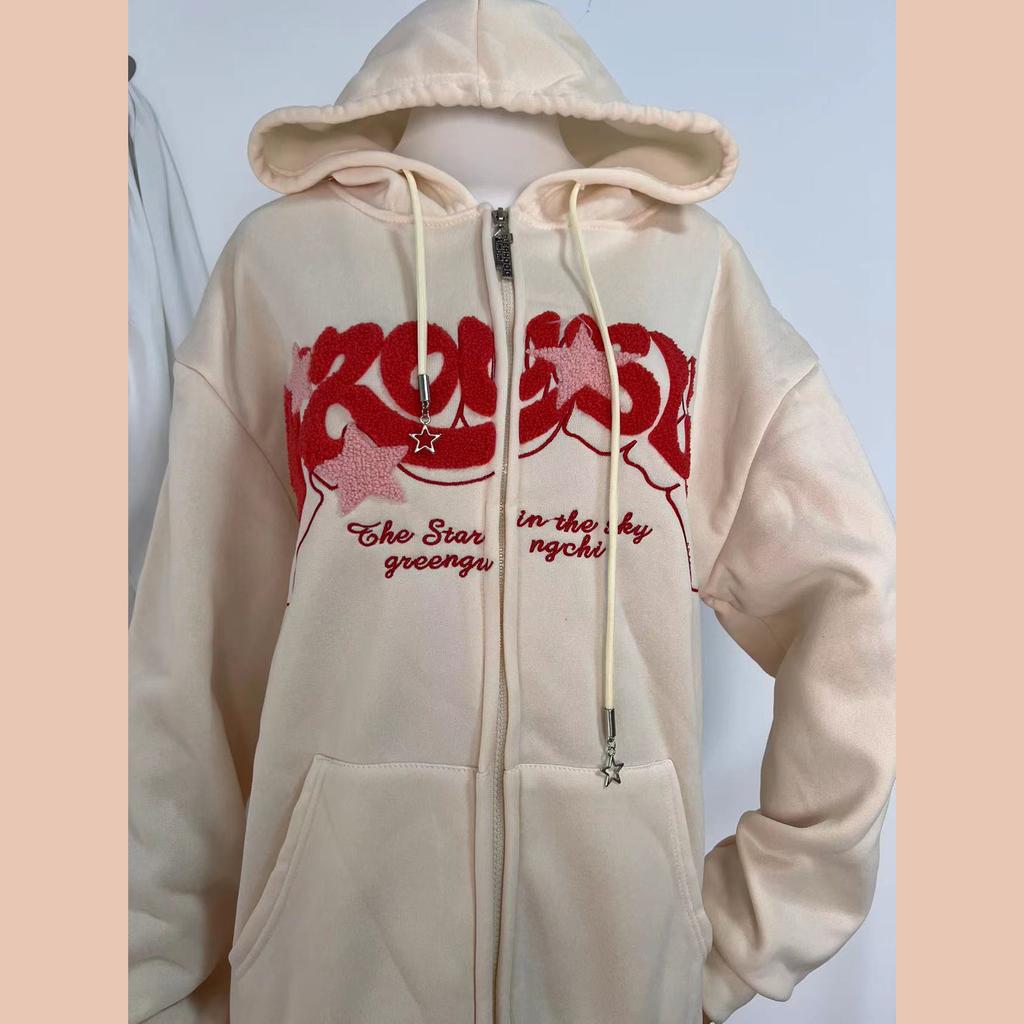 Women Letter Embroidered Hoodies Autumn Winter Vintage Zip Up Loose  Hooded Sweatshirts Harajuku Y2K Long Sleeve Jacket Clothes