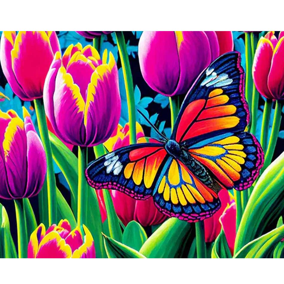 Рамка для рисования по номерам, наборы для взрослых, для начинающих, рисунок бабочки и цветов, раскраска с номерами для домашнего творчества, 40x50 см