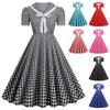 Винтажное женское платье с V-образным вырезом, короткими рукавами, бретелями-бантами, в горошек и клетку, винтажная юбка большого клеша