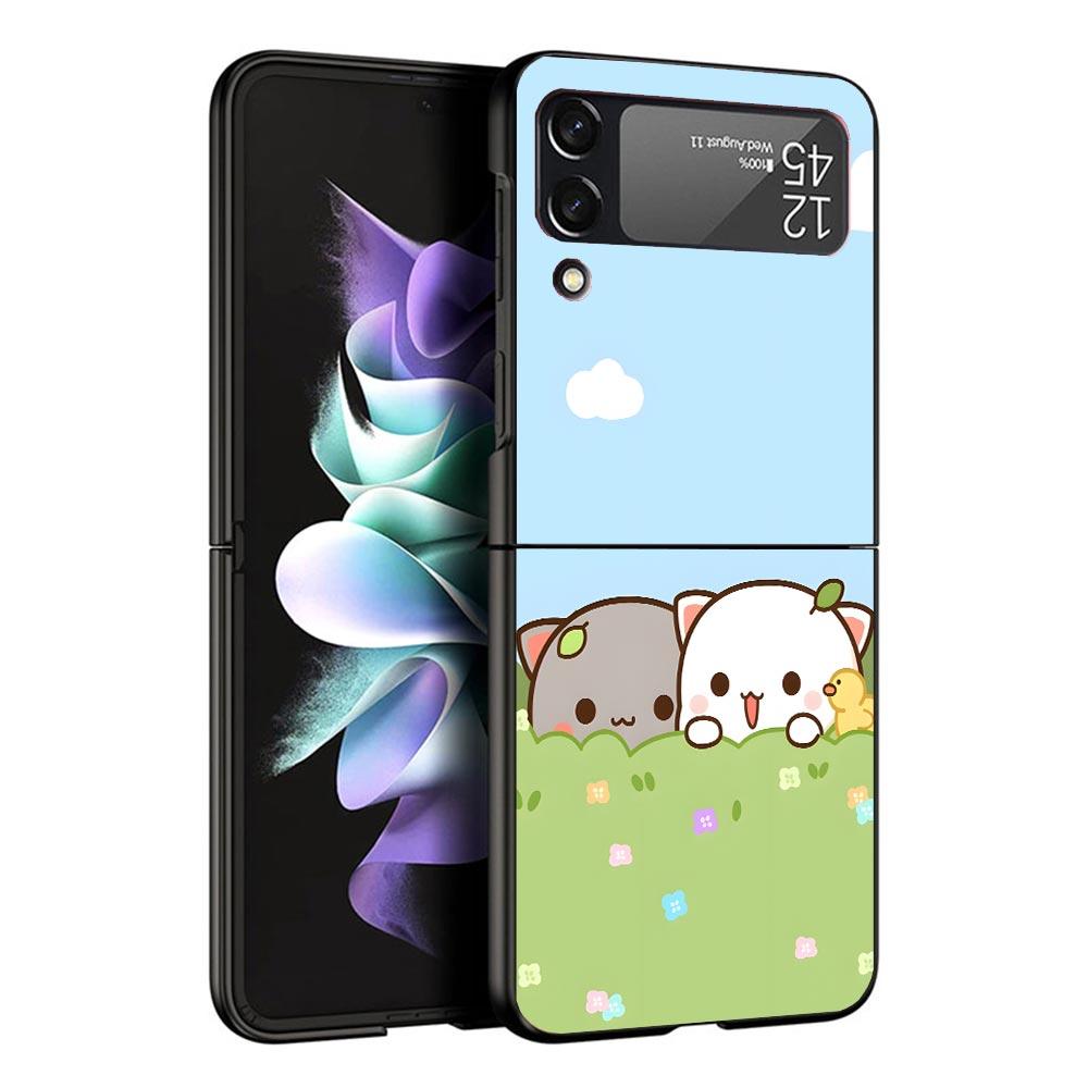 Cute Peach Goma Cat Black Phone Case For Samsung ZFlip7 ZFlip6 ZFlip5 ZFlip4 ZFlip3 5G Hard Protective Galaxy Z Flip 3 4 5 6 7