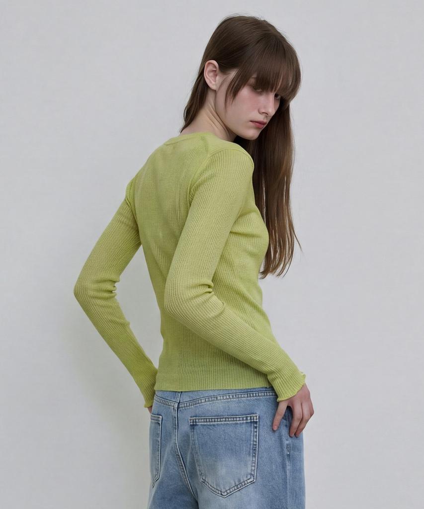 DEETO Sheer Ribbed Henley Top [Green]