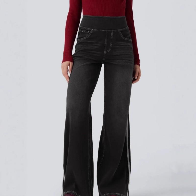 Womens Vintage Washed Striped Jeans High Waist Loose Wide Leg Trousers Streetwear