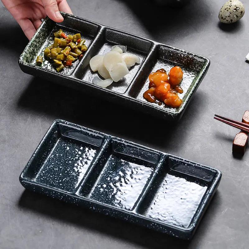 7.5 Inchs Ceramics 3 Grids Dipping Sauce Plate Japanese Retro Household Vinegar Dish Restaurant Hot Pot Dipping Sauce Tableware