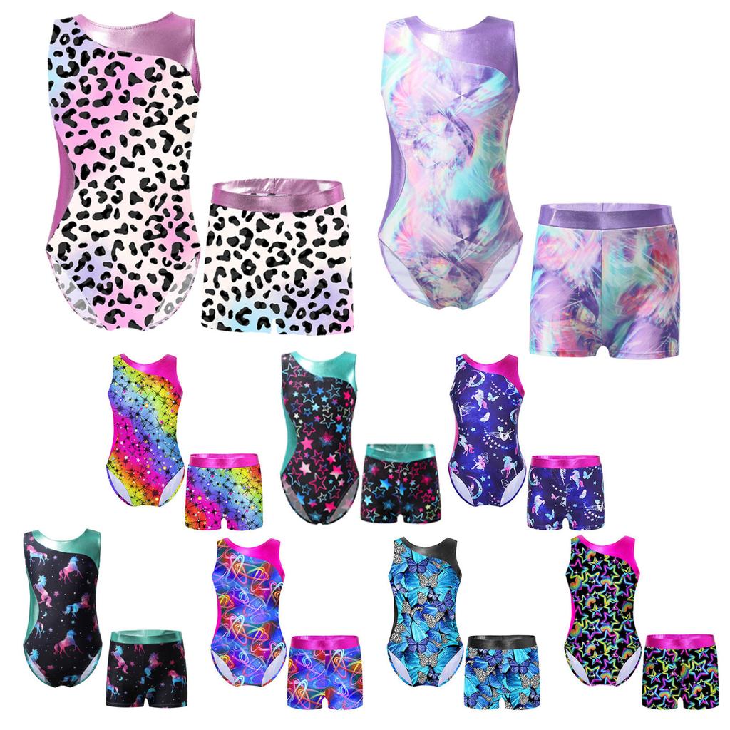 Kids Girls Gymnastics Yoga Dance Sport Sets Fancy Print Leotard and Shorts Dancewear Outfits