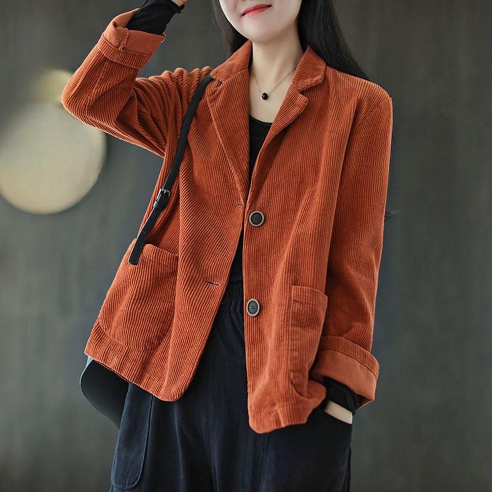 Corduroy Suit Coat Women Autumn Retro Loose Fit Single-Breasted Suit Jacket Lapel Long Sleeve Solid Color Business Coat with Poc