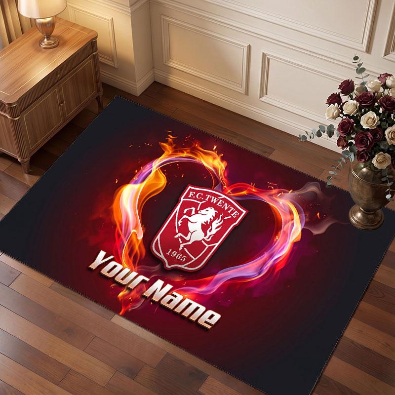 FC Twente Custom Crystal Velvet Rug, Personalized Name Text Print, Football Logo Soft Non‑Slip Floor Mat Home Decor Gift