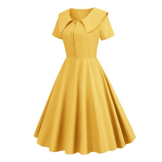 Retro Women Dress Turn-down Collar Shortn Sleeves A-line Big Swing Buttons Slim Fit Solid Color 50s Ball Prom Midi Dress
