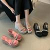 Rhinestone Slippers Women's 2025 New Summer Versatile Outer Wear One-word with Waterproof Table Thick-soled Thick-heeled High Heels