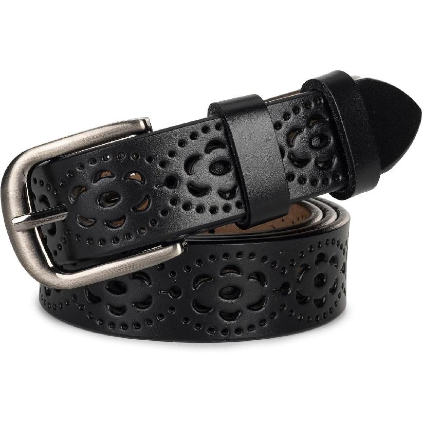 Womens Leather Belt for Jean Pants Hollow Pin Buckle Adjustable Waist Belt