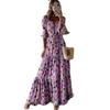 Women's Lantern Sleeve V-Neck Bohemian Print Long Plus Size Dress
