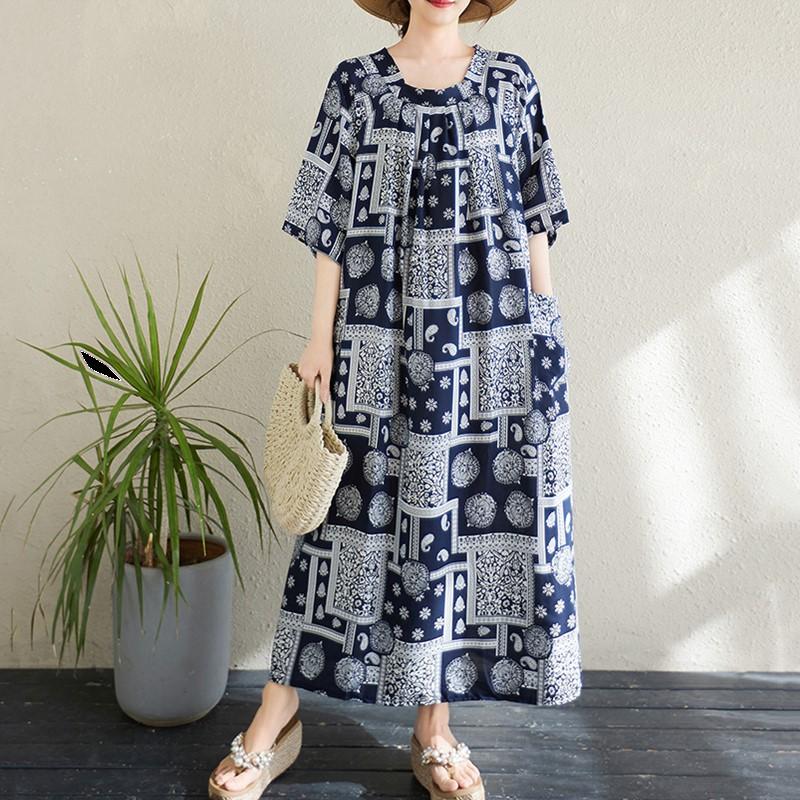 Новое винтажное платье с цветочным принтом больших размеров с коротким рукавом для женщин, повседневное свободное длинное летнее платье