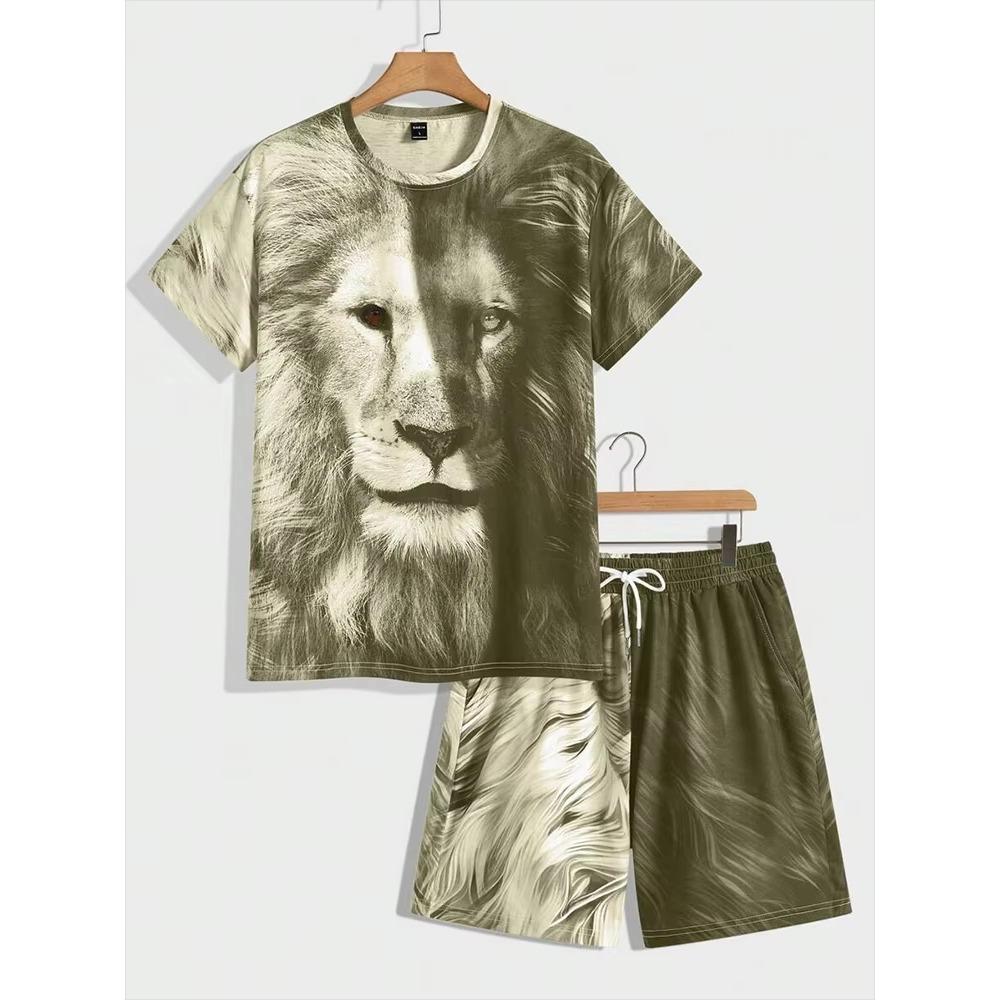 Fashion Lion King 3D Printed Men's Summer Animal Print Relaxed Fit Short Sleeve & Shorts 2-Piece Casual Sport Outfit Set