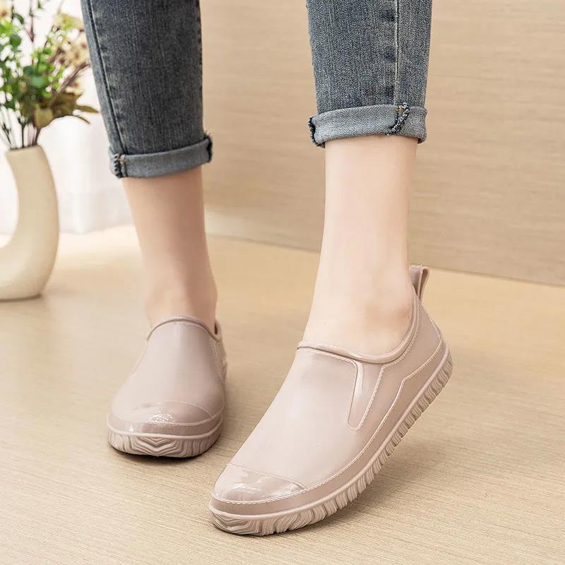 Водонепроницаемая рабочая резиновая обувь, женские нескользящие туфли без шнуровки на плоской подошве, износостойкие, с тиснением, весна-лето