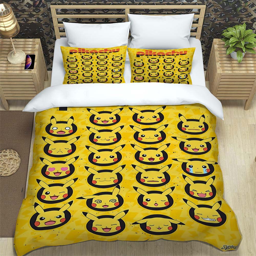 Classic Pikachu Print 3-Piece Bedding Set — Includes 1 Duvet Cover & 2 Pillowcases | Suitable for Adults & Children | A Warm Gif