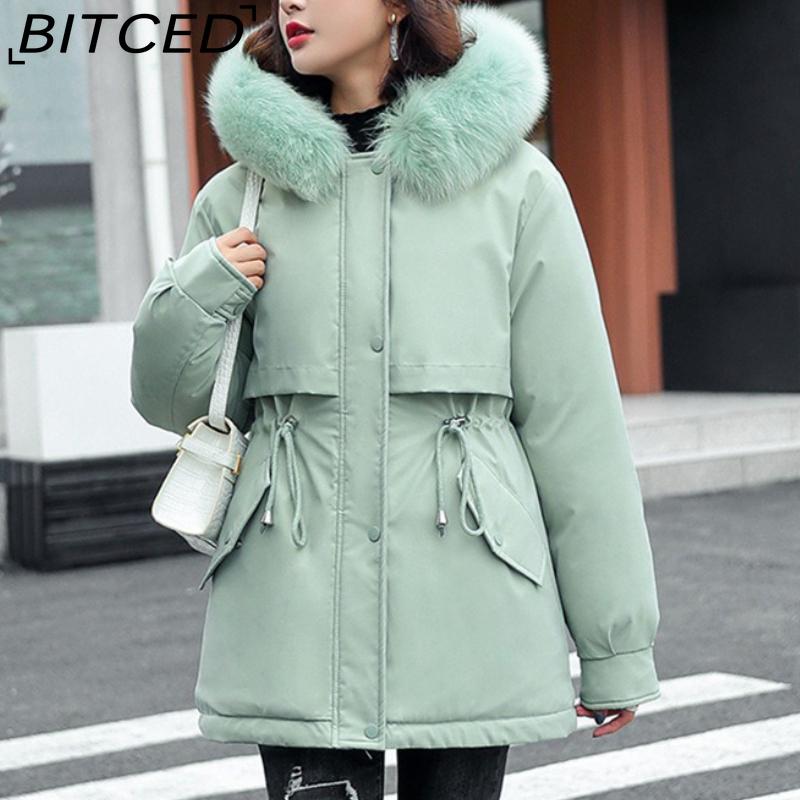 BITCED Women's Winter Mid-Length Cotton Coat with Fleece Lining, Large Fur Collar, Plus Size, Short Waist-Defining Jacket