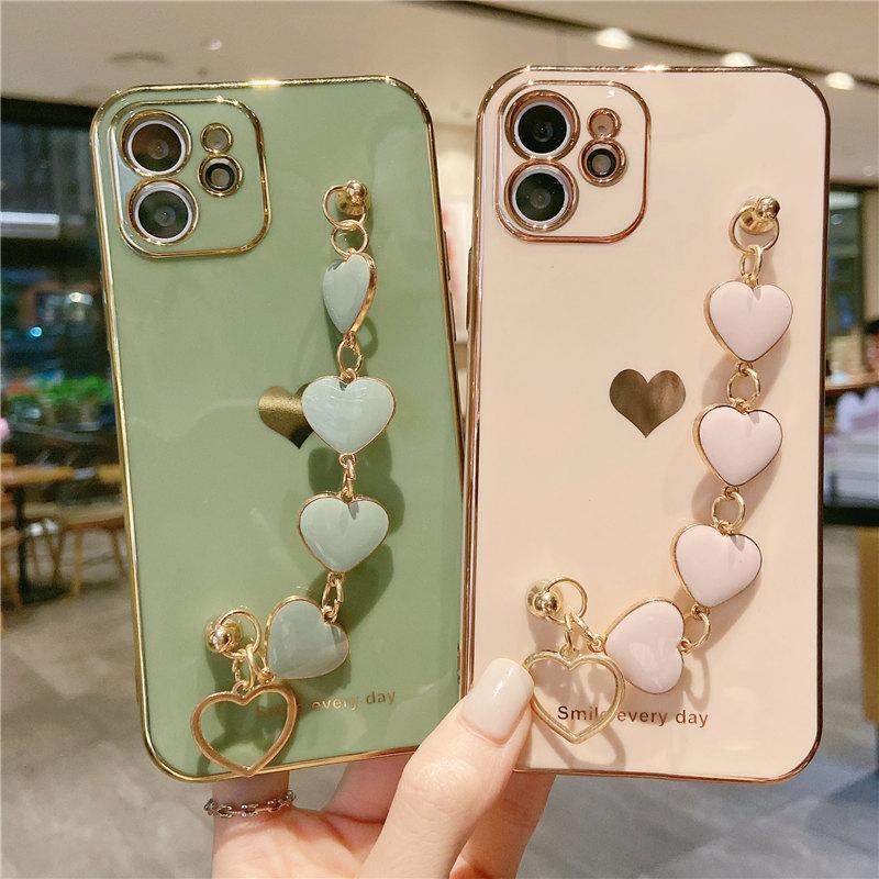 Чехол для телефона с мягким покрытием Love Heart для Iphone 14 13 12 11 Pro Max Xs Max Xr 14 Plus 14pro, противоударный чехол для браслета-цепочки на запястье