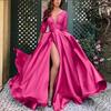 Women's Fashion Long Sleeve V-Neck Bronzing Large Lace Sexy Long Dress Tail Banquet Evening Dress