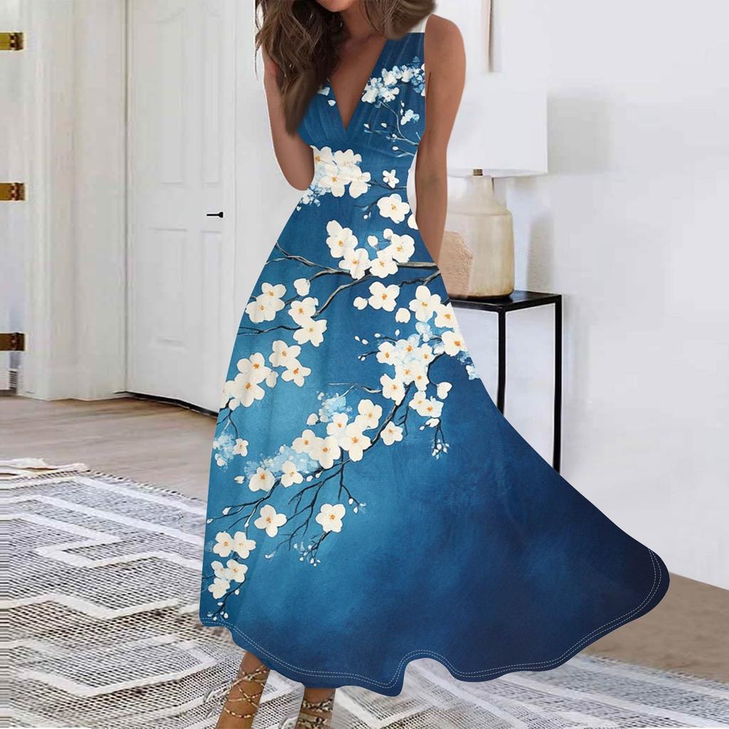 Женские модные повседневные свободные платья с V-образным вырезом без рукавов с принтом