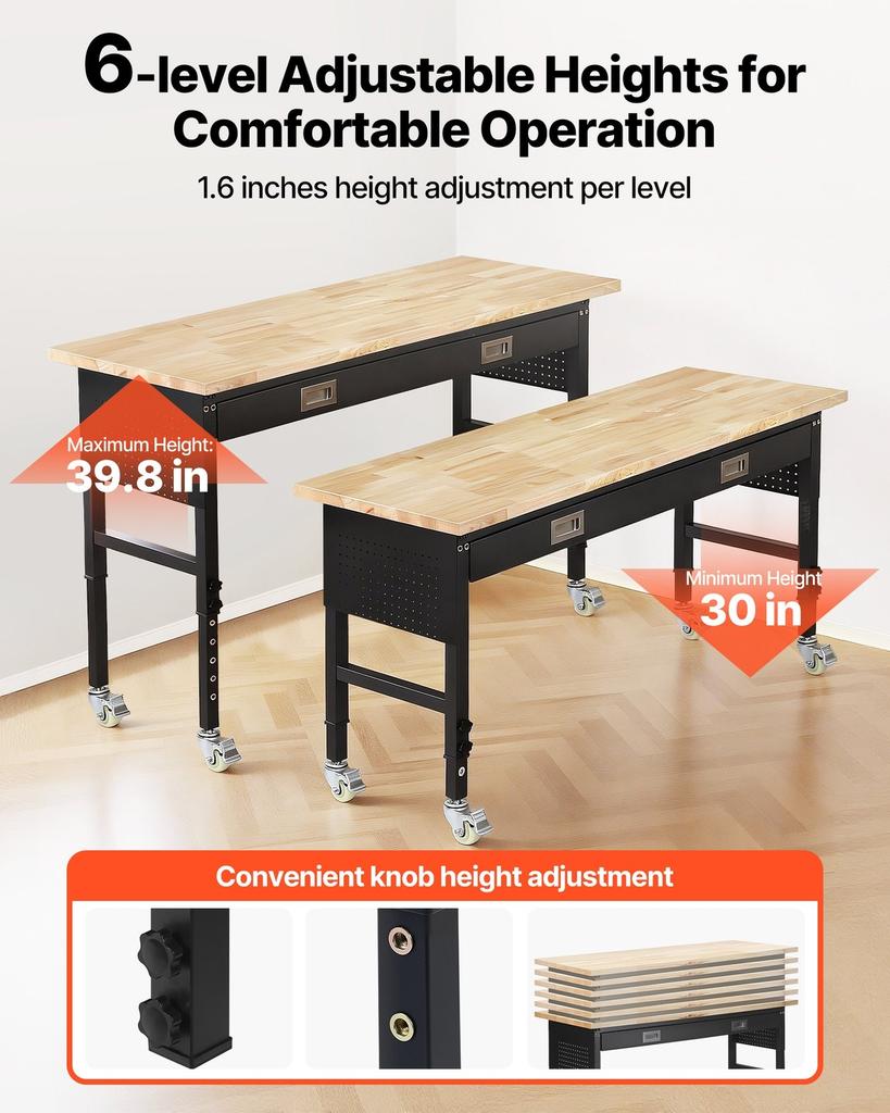 1524 mm Adjustable Workbench, 680 kg Load Capacity, Garage Workbench with Drawer, Power Outlet, Wheels, and Pegboard, Heavy Duty Oak Wood Top Work