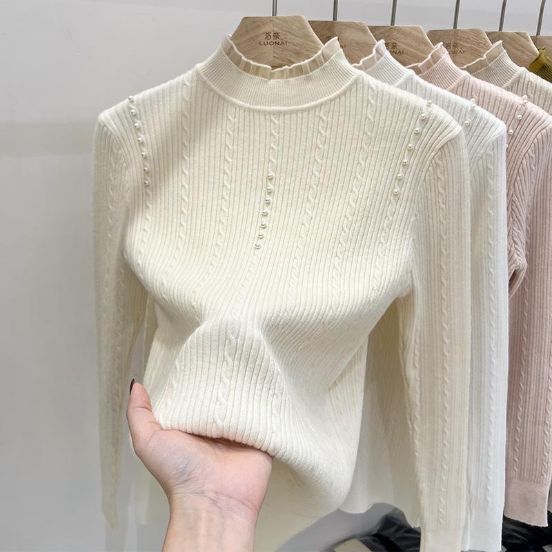 Женская базовая водолазка с полувысоким горлом, осенне-зимняя, внутренняя, с уникальным шикарным топом-свитером с жемчужинами, вязаный свитер с длинным рукавом
