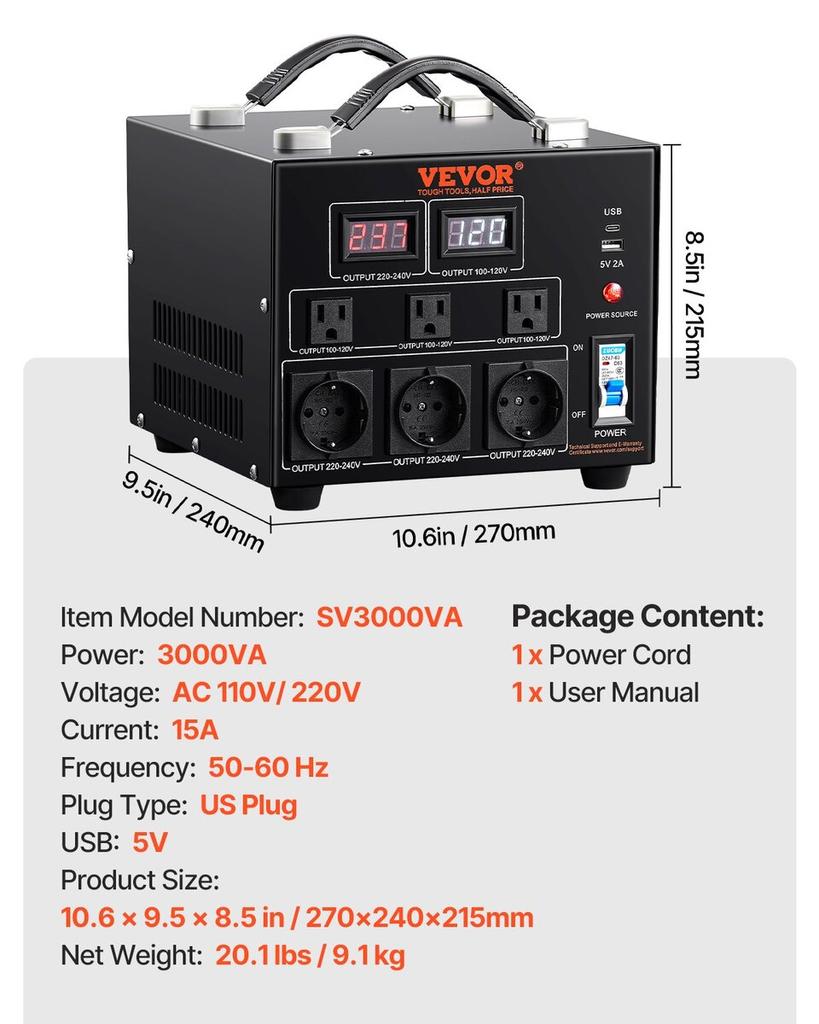 3000VA Voltage Converter Transformer Step Up/Down 220V-110V /110V-220V CE
