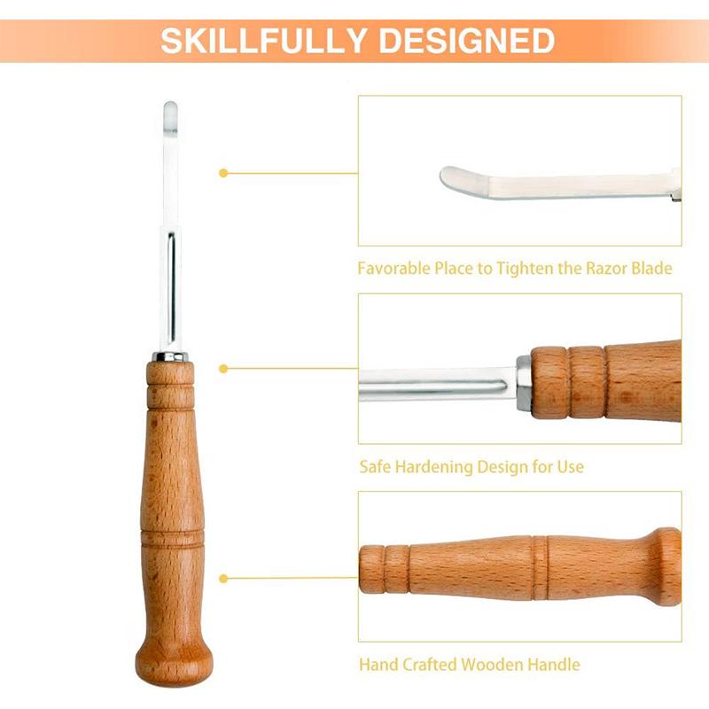 LMETJMA Премиум нержавеющая сталь хлеборезка с 5 сменными лезвиями изогнутый багетный хлеборезка с деревянной ручкой JT172