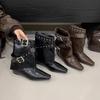 Autumn and Winter New Pointed Rivet Western Boots Women's Knee Short Trouser Boots Belt Buckle Thick Heel Thin Boots