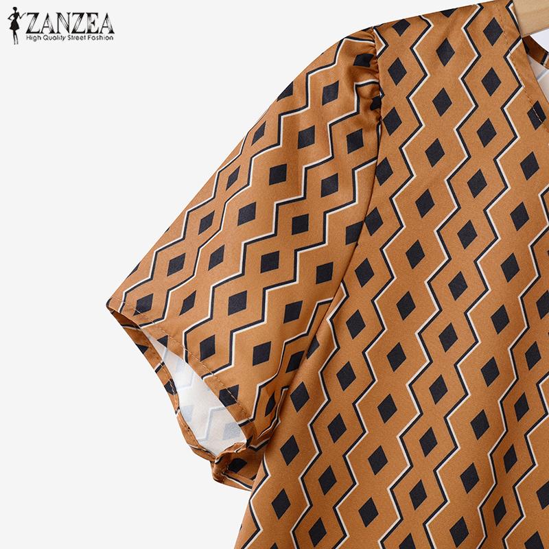 ZANZEA Женское повседневное платье с круглым вырезом и коротким рукавом в стиле ретро с принтом