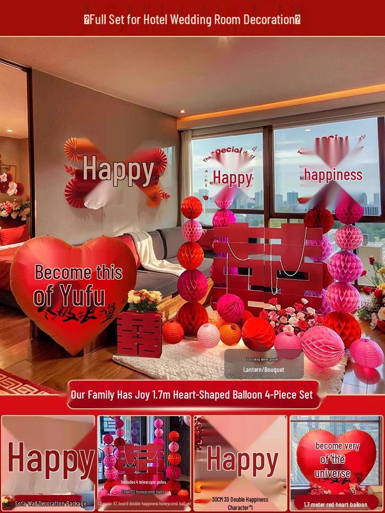 Bridal Wedding Room Decoration Set with No-Trace Double Happiness for Hotels and Living Rooms