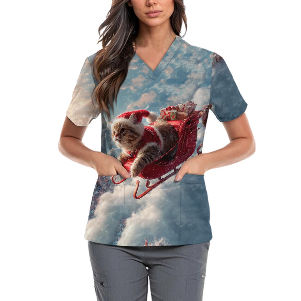 Женская милая блузка с принтом бантиков, рабочая одежда, V-образный вырез, двойной слой, карманы, базовая, с коротким рукавом, пуловер