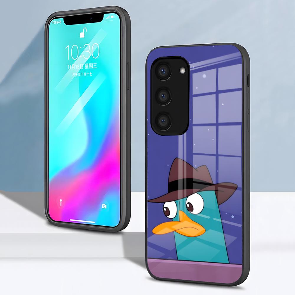 Чехол для телефона P-Perry Утконос Для Samsung S26 S25 S24 FE S23 S22 S21 Plus S20 Ultra Note20Ultra Черная Стеклянная Крышка