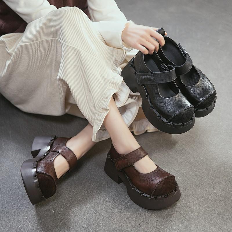 Johnature Женские туфли-лодочки на платформе, модные, с круглым носком, на высоком каблуке, из натуральной кожи, на толстой подошве