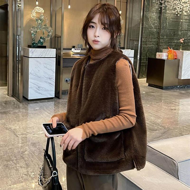 Fur Vest Female Winter Zipper Leisure Cotton Sleeveless Solid Color Top Coat Vest