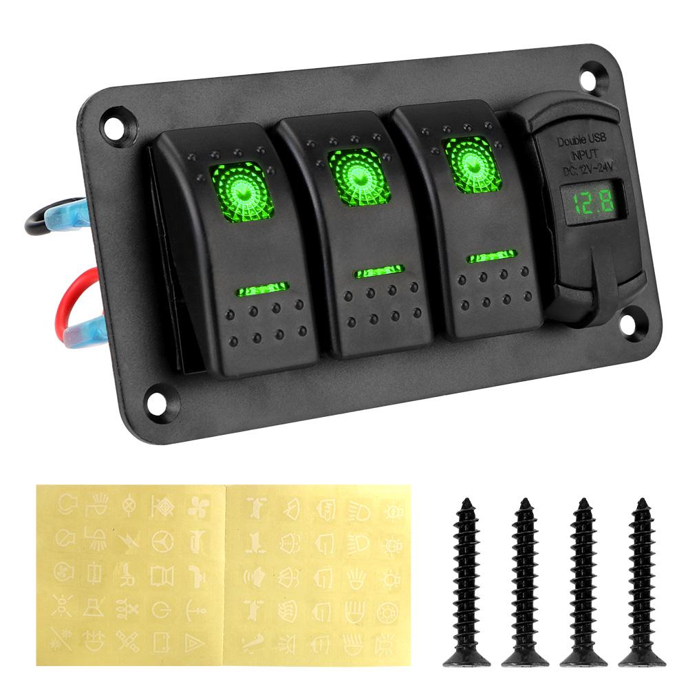 12V-24V Digital Voltmeter Circuit Breaker for Car SUV Marine RV Truck 4.2A Dual USB Slot Charger 3 Gang Switch Panel
