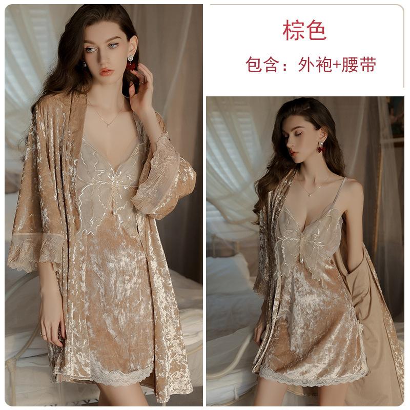 Women's Velvet Mesh Butterfly Sleep Dress with Robe Lounge Set