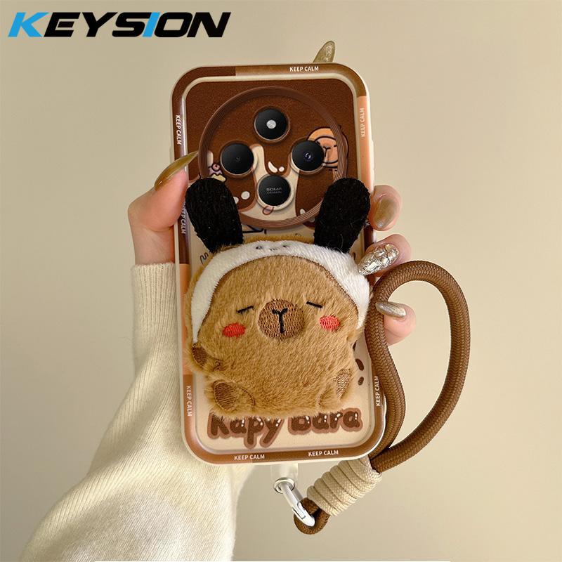 KEYSION Cute 3D Cartoon Plush Case for Redmi 14C with Lanyard Soft Silicone Shockproof Phone Back Cover for Xiaomi POCO C75