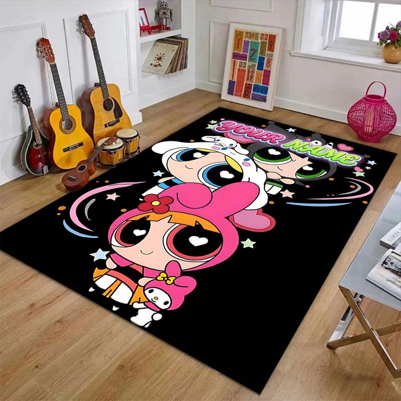 Powerpuff Design Area Rug Personalized Name- Non-Slip, Soft & Cozy Floor Mat for Living Room, Office - Indoor/Outdoor Carpet