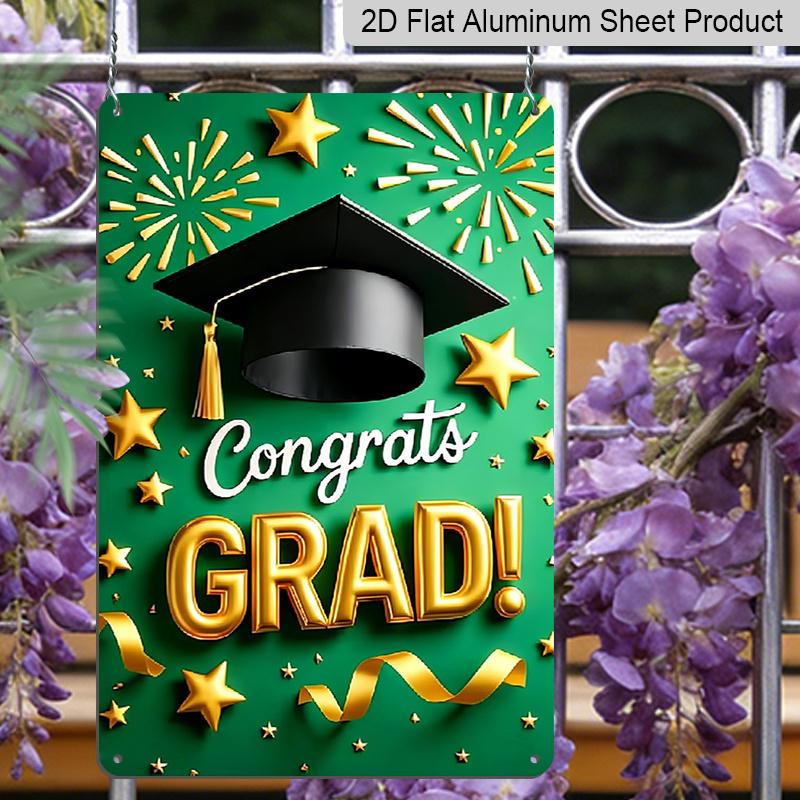2D Flat 1pc "Congrats GRAD!" Aluminium Metal Wall Decor Sign - 8"x12" Green & Gold Graduation Decor, Grad Cap & Fireworks Wall Art, Perfect for