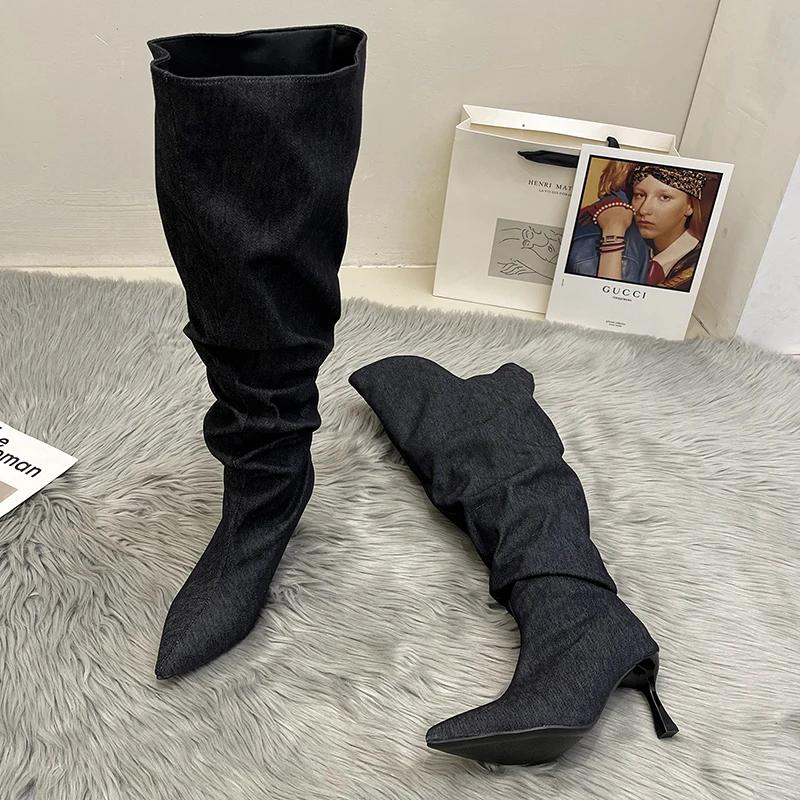 Модные дизайнерские женские сапоги с острым носком выше колена, модные женские длинные сапоги с большим цилиндрическим обхватом и тонким высоким каблуком