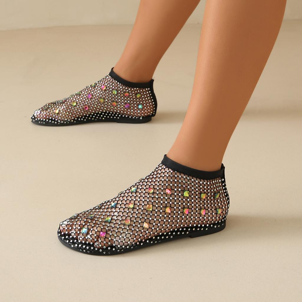 Цветные сетчатые дышащие сандалии со стразами Новые модные плоские сандалии без застежек Плоские сетчатые чулки Сандалии Обувь для женщин