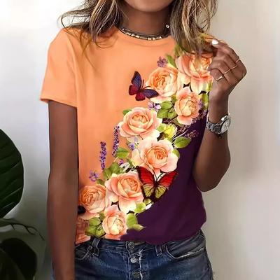 Летний топ с круглым вырезом и принтом 3D-цветов, модные повседневные женские футболки с короткими рукавами