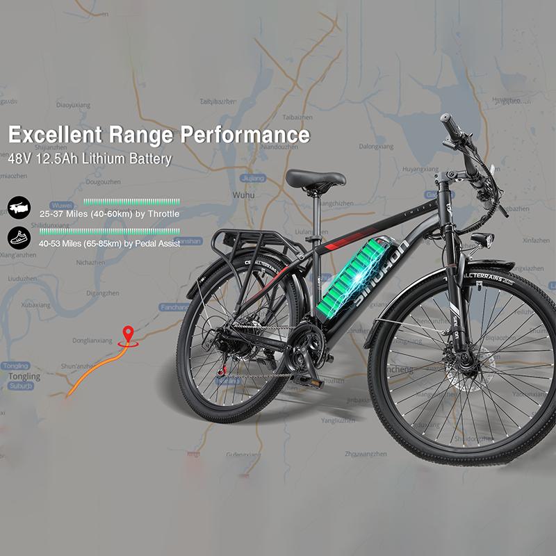 26'' 500W Electric Mountain Bike, 48V 12.5Ah Removable Battery 21 Speed Adult Electric Bicycle, Lock Suspension All Terrain E-Bike with Rear Rack