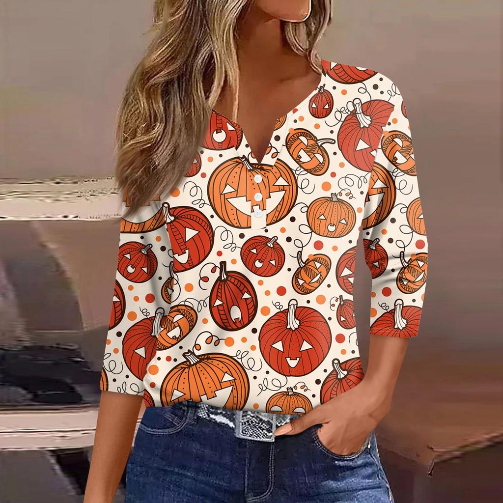 Women's T Shirt Tee Halloween Print Button  3/4 Sleeve Daily Weekend Fashion Basic V- Neck Regular Top