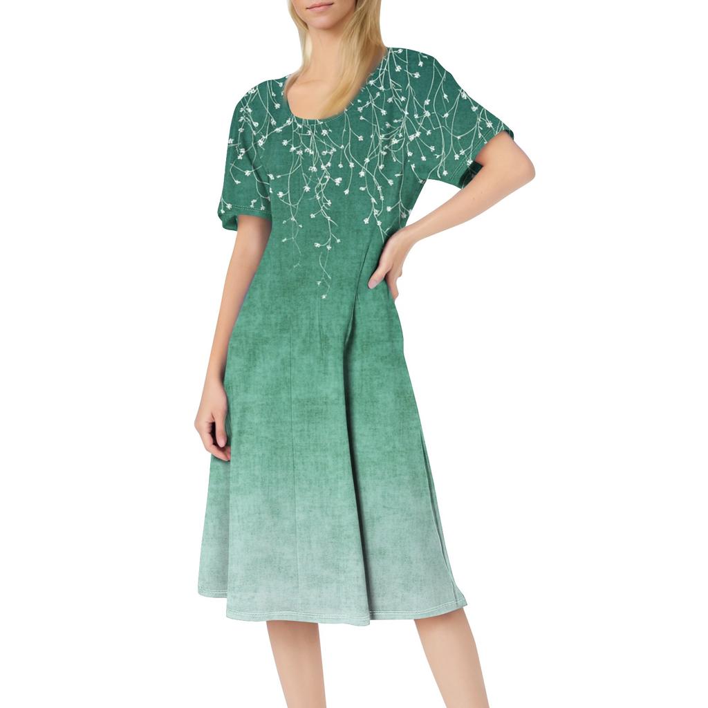 Женское повседневное модное платье миди с круглым вырезом и коротким рукавом с принтом