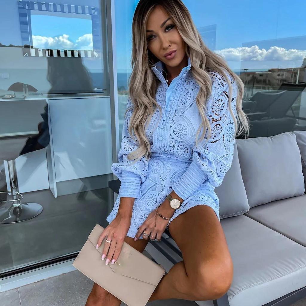 Women Spring Summer Stand Collar Solid Color Loose Sleeve Single Breasted Shirt Suit Casual Wide Leg Lace Shorts Two Piece Set S-XL