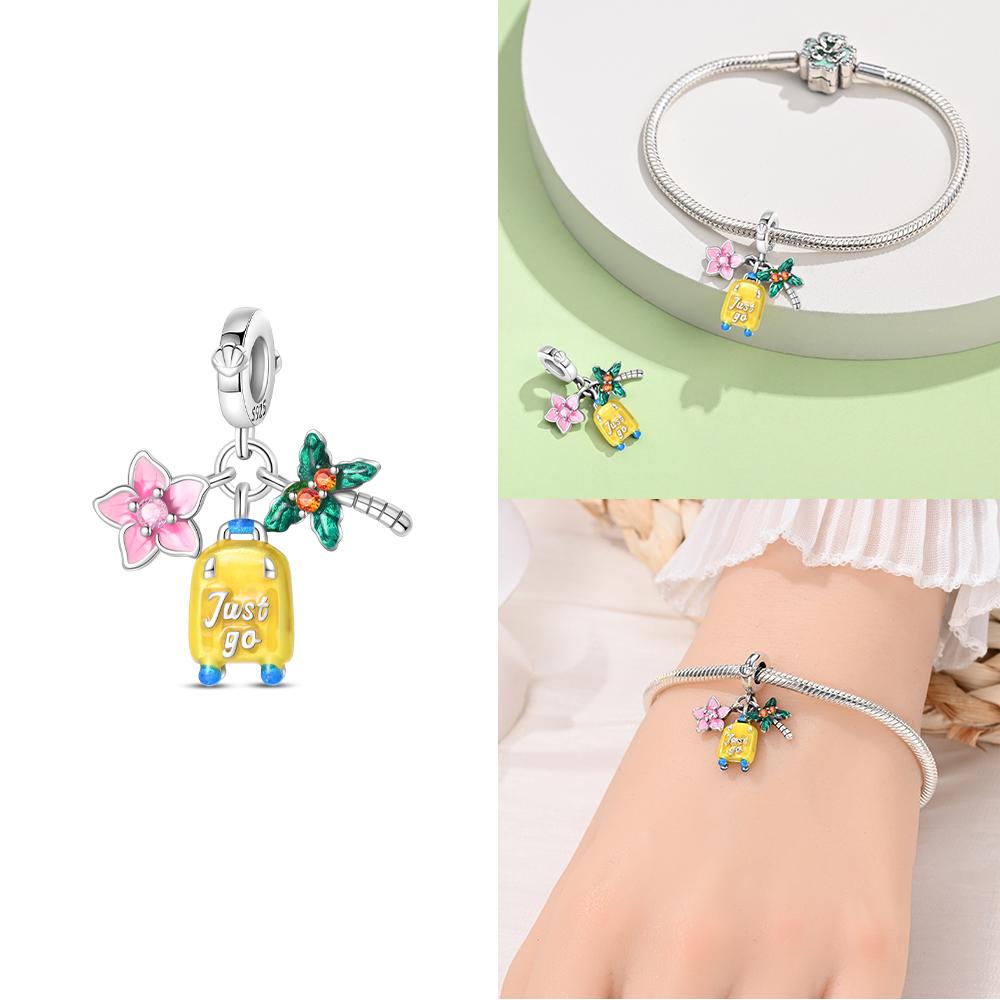 Charms 925 Silver Pink High Heels Girl's Suitcase Airplane Bag Beads Fit Bracelet Delicate Women Diy Holiday Gift